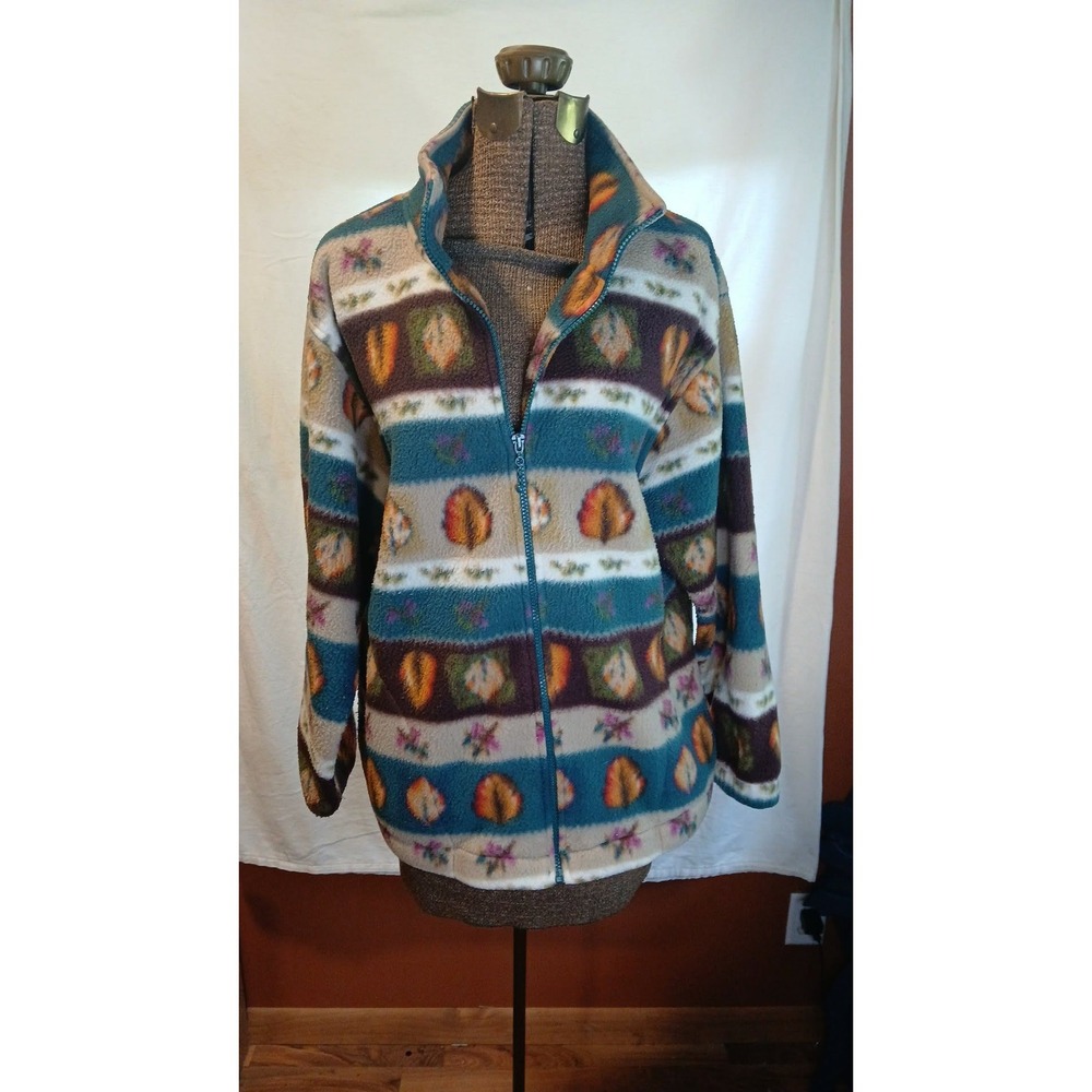 Alfred Dunner Vintage Fleece Jacket Women Medium Full Zip Autumn Leaf Print Teal